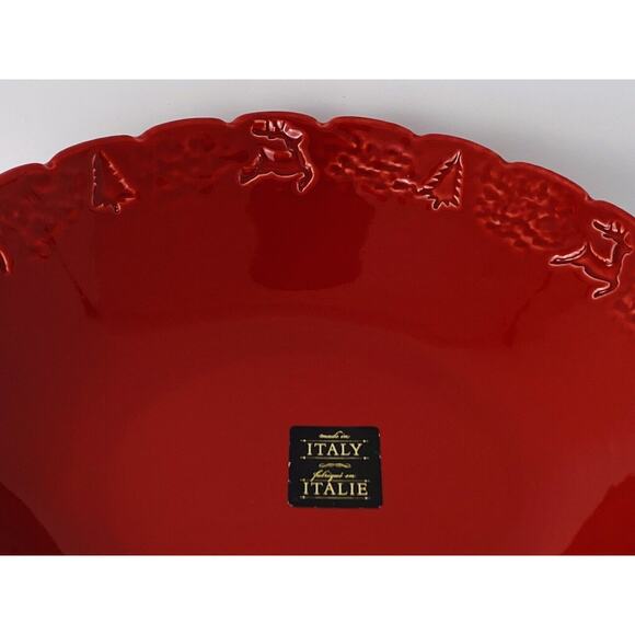 Maioliche Jessica Christmas Themed Red 9” Scalloped Edge Bowl Made In Italy - Picture 4 of 6